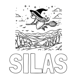 Online Created Coloring Page - SILAS Coloring Page and Coloring Book of a Witch Flying on a Broom