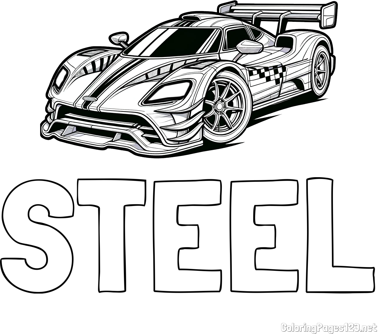 STEEL Coloring Page and Coloring Page of a Futuristic Racing Car
