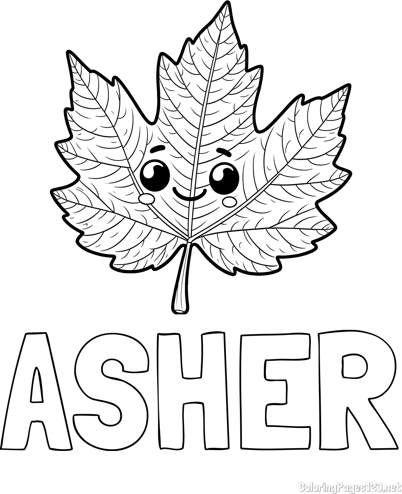 ASHER Coloring Page and Smiling Leaf Coloring Page for Kids