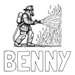 Online Created Coloring Page - BENNY Coloring Page and Coloring page of a firefighter extinguishing a large fire