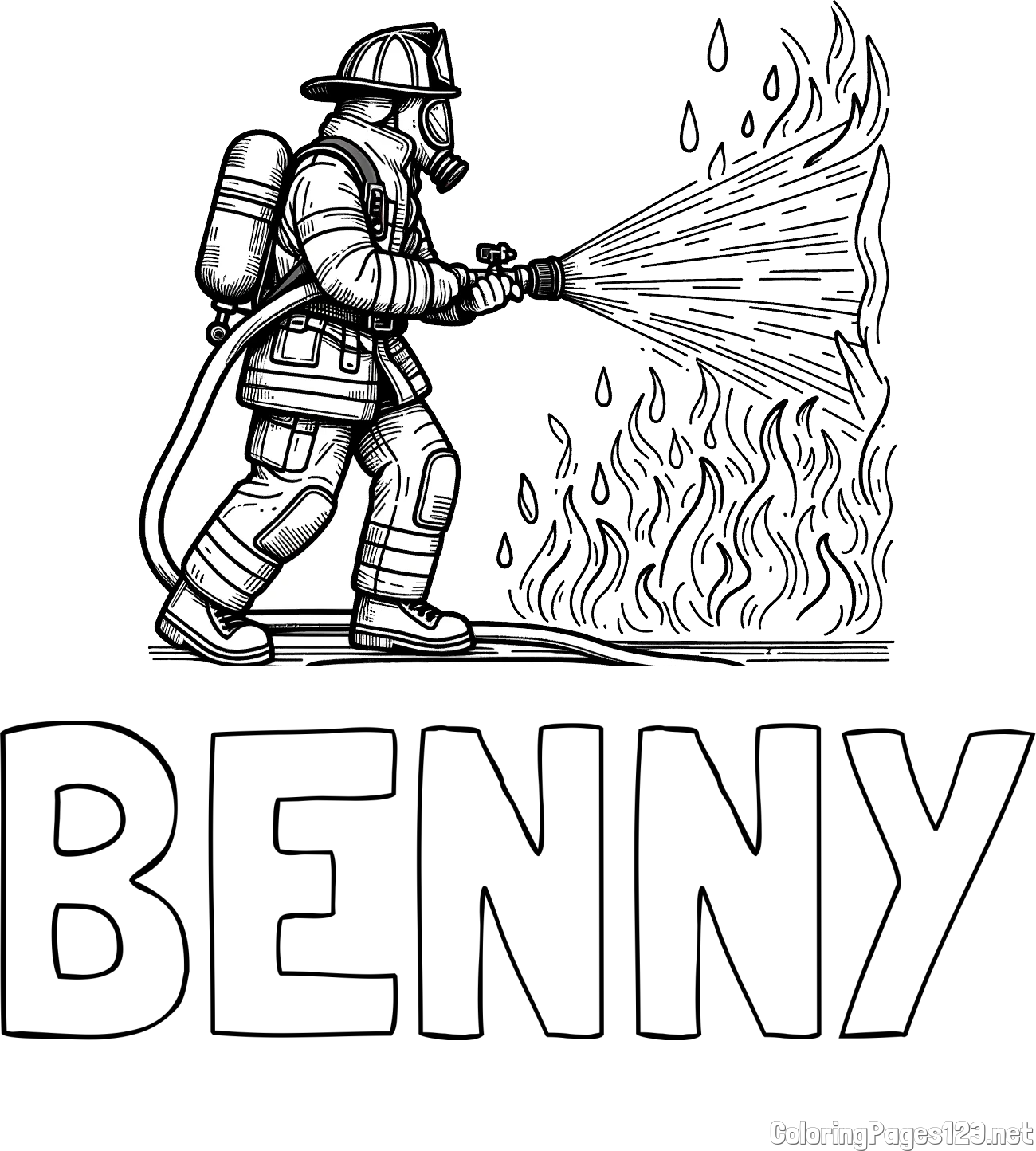 BENNY Coloring Page and Coloring page of a firefighter extinguishing a large fire