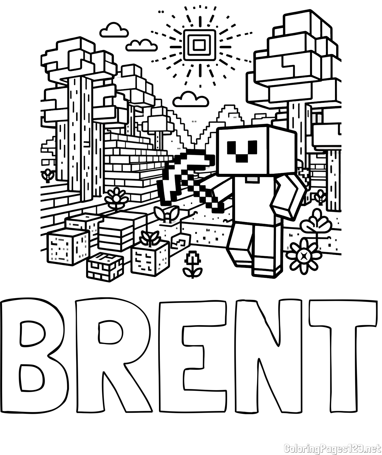 BRENT Coloring Page and Minecraft World Coloring Page