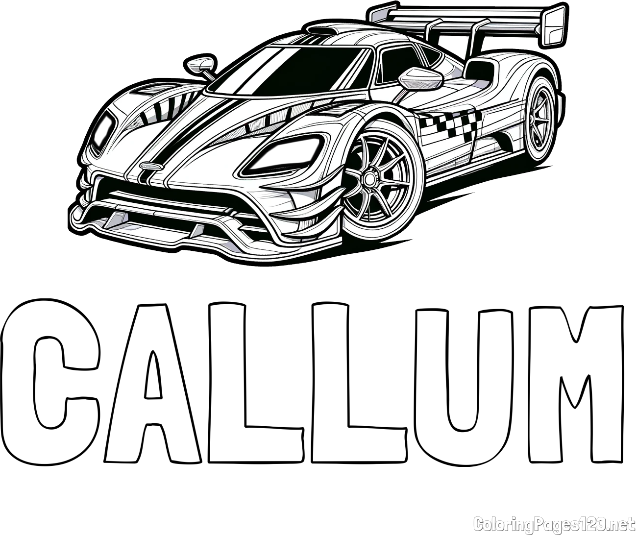 CALLUM Coloring Page and Coloring Page of a Futuristic Racing Car