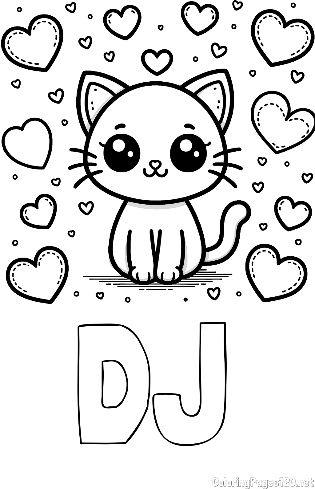DJ Coloring Page and Free Coloring Page of a Cat and Hearts