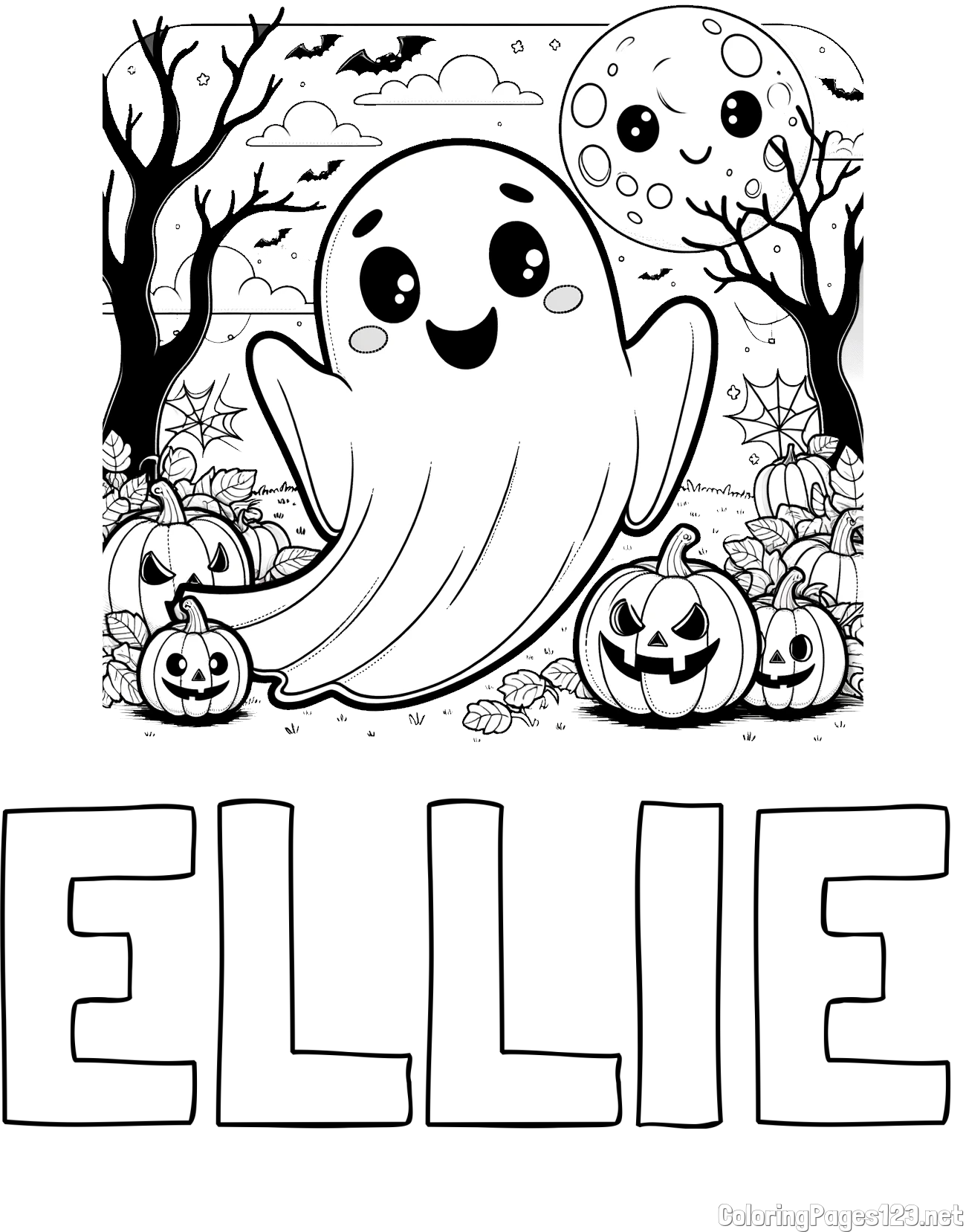 ELLIE Coloring Page and Halloween Coloring Page of a Ghost with Pumpkins