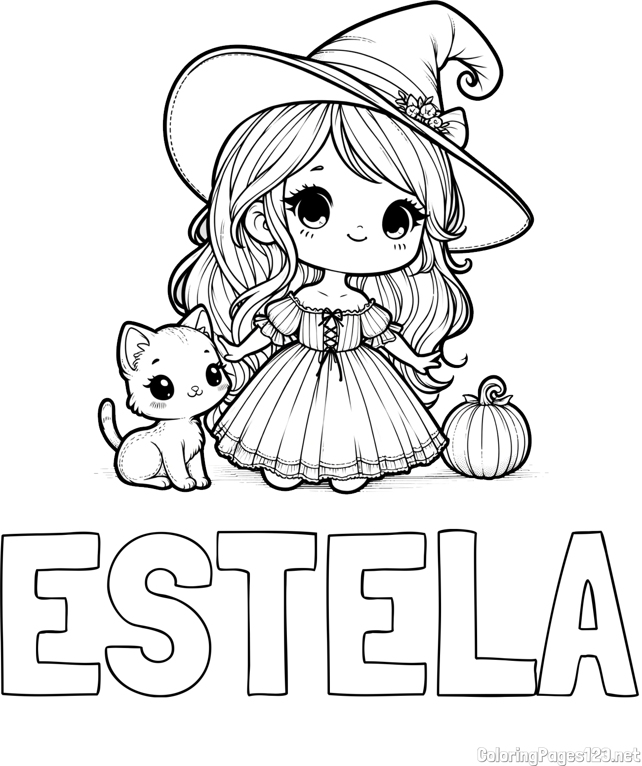 ESTELA Coloring Page and Coloring Page of a Cute Witch and a Cat