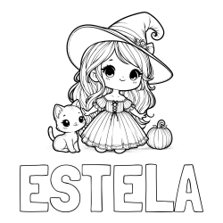Online Created Coloring Page - ESTELA Coloring Page and Coloring Page of a Cute Witch and a Cat