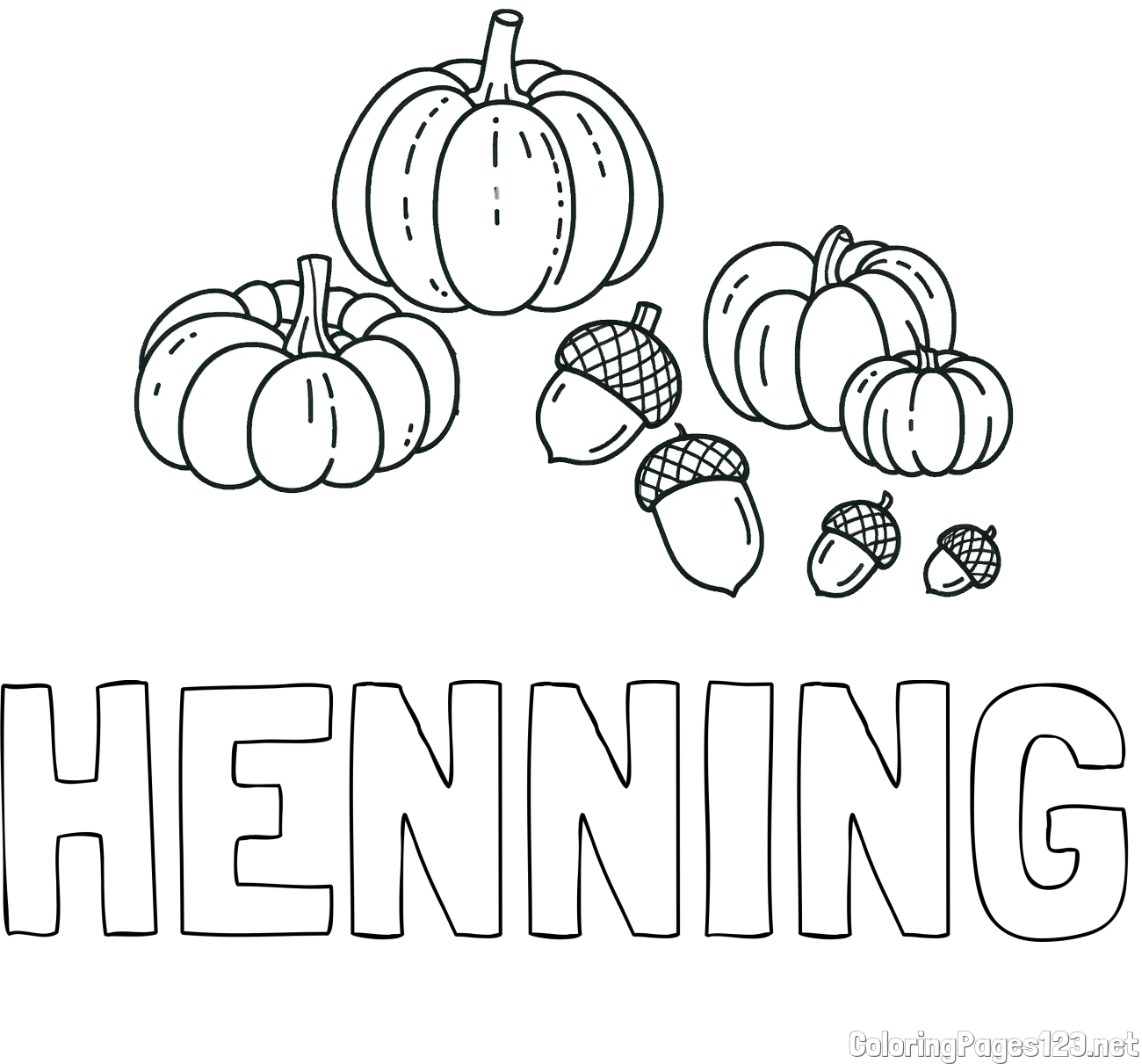 HENNING Coloring Page and Autumn Harvest Coloring Page - Acorns and Pumpkins
