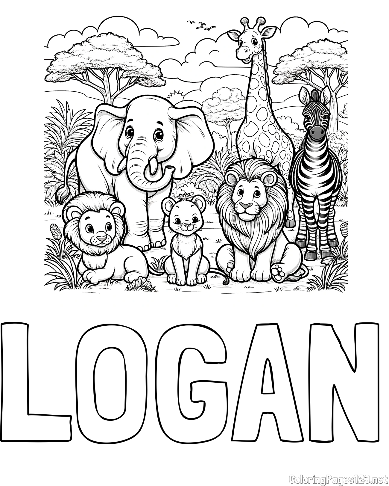 LOGAN Coloring Page and Beautiful Animal Coloring Page - Lion Family, Elephant, Giraffe, and Zebra