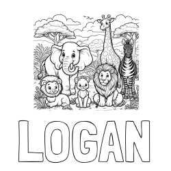 Online Created Coloring Page - LOGAN Coloring Page and Beautiful Animal Coloring Page - Lion Family, Elephant, Giraffe, and Zebra