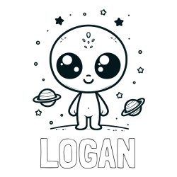 Online Created Coloring Page - LOGAN Coloring Page and Cute Alien Coloring Page - Smiling with Planets and Stars