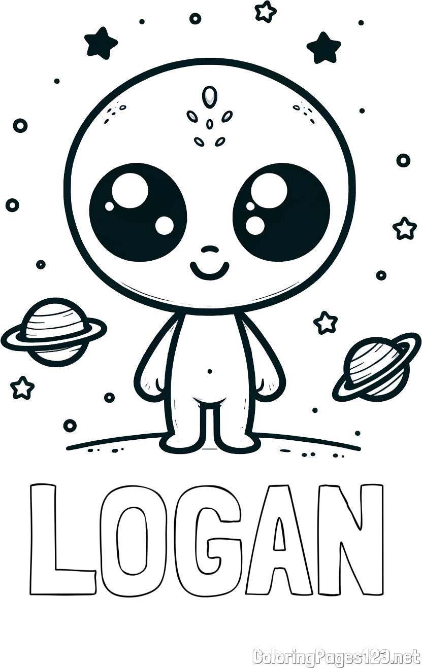 LOGAN Coloring Page and Cute Alien Coloring Page - Smiling with Planets and Stars