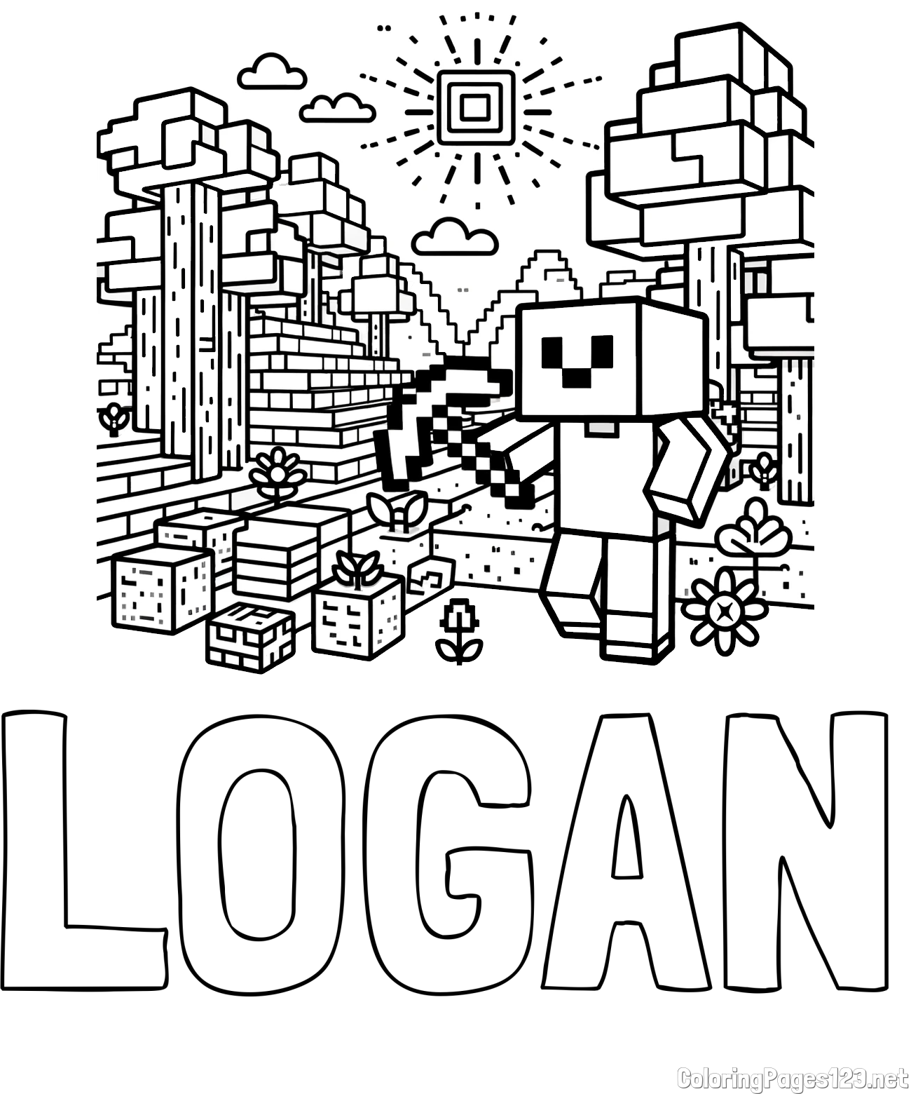 LOGAN Coloring Page and Minecraft World Coloring Page
