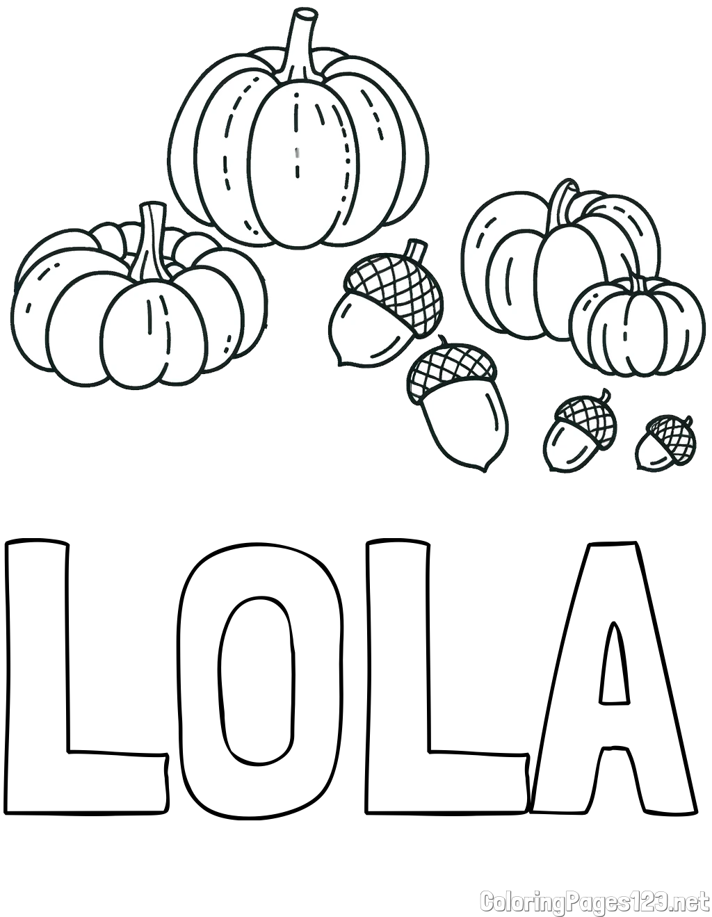 LOLA Coloring Page and Autumn Harvest Coloring Page - Acorns and Pumpkins