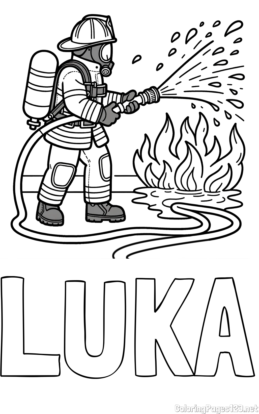 LUKA Coloring Page and A coloring page of a firefighter and a big fire