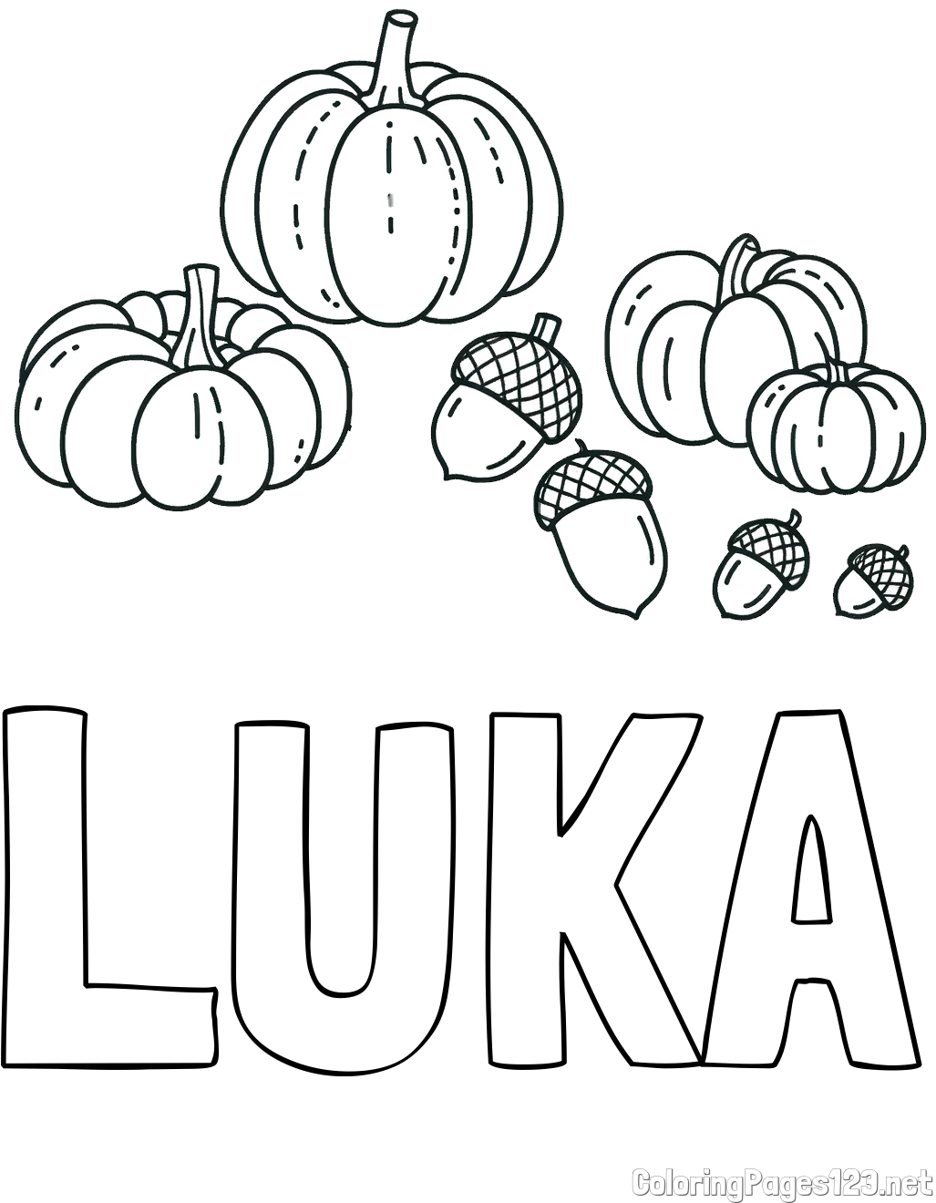 LUKA Coloring Page and Autumn Harvest Coloring Page - Acorns and Pumpkins