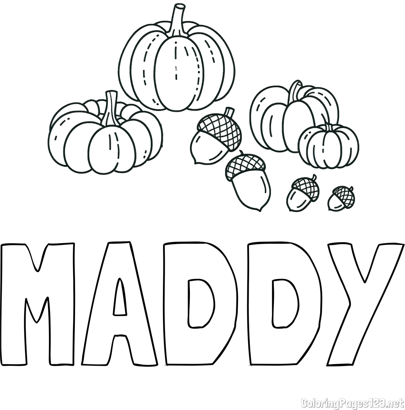 MADDY Coloring Page and Autumn Harvest Coloring Page - Acorns and Pumpkins