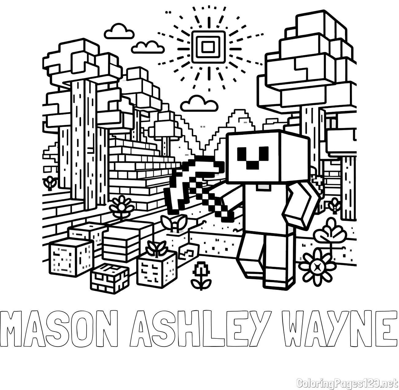 MASON ASHLEY WAYNE Coloring Page and Minecraft World Coloring Page