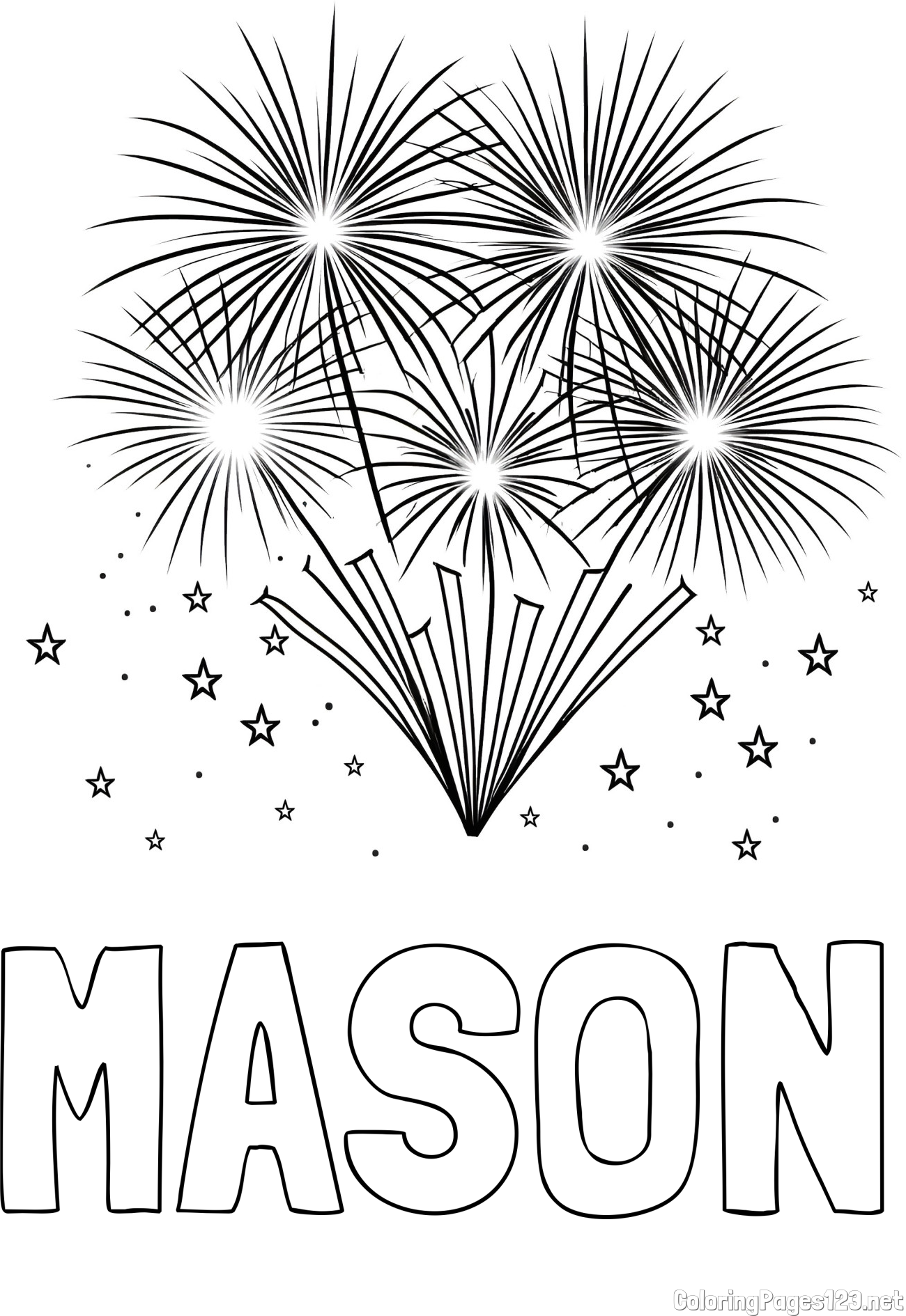 MASON Coloring Page and Big Fireworks with Stars Coloring Page