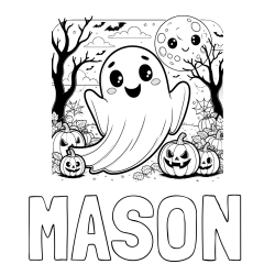 MASON Coloring Page and Halloween Coloring Page of a Ghost with Pumpkins