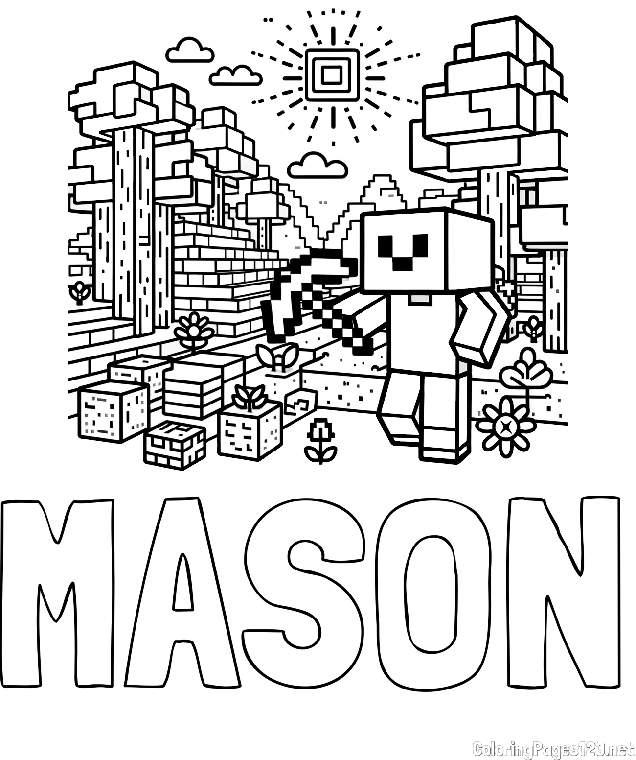 MASON Coloring Page and Minecraft World Coloring Page
