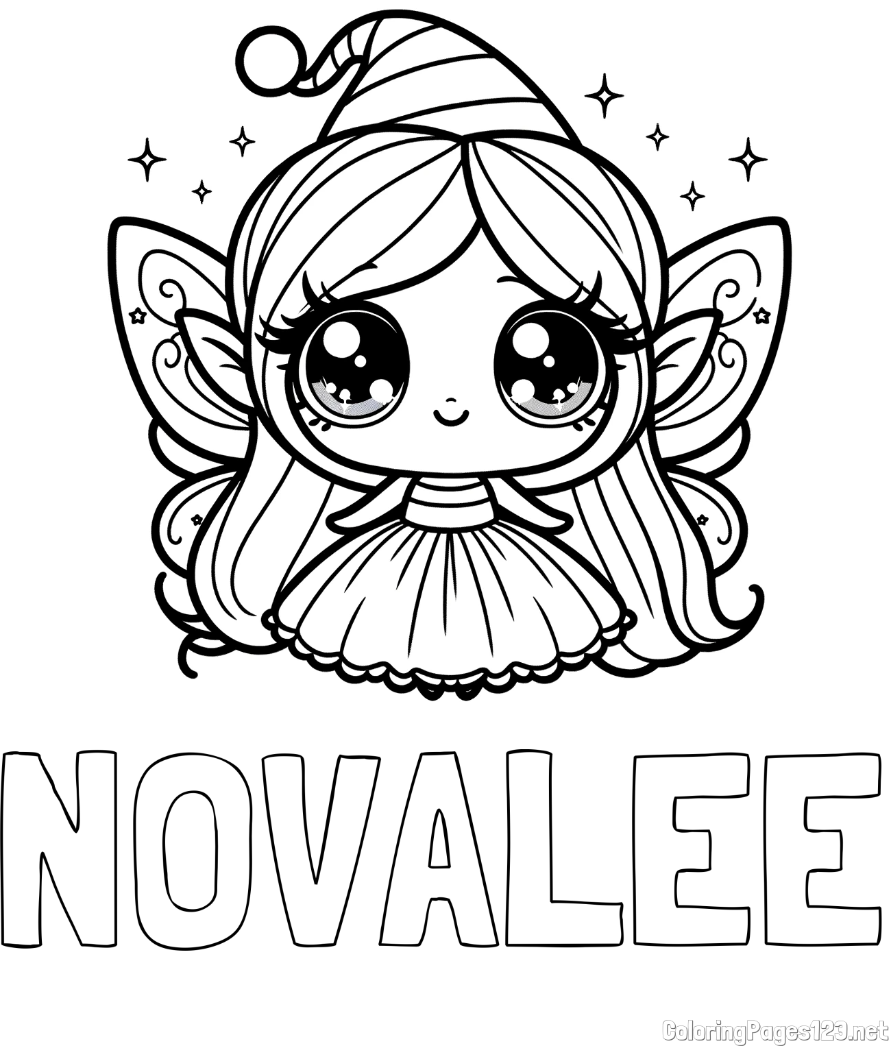 NOVALEE Coloring Page and Coloring Page of a Cute Magical Fairy with Big Eyes