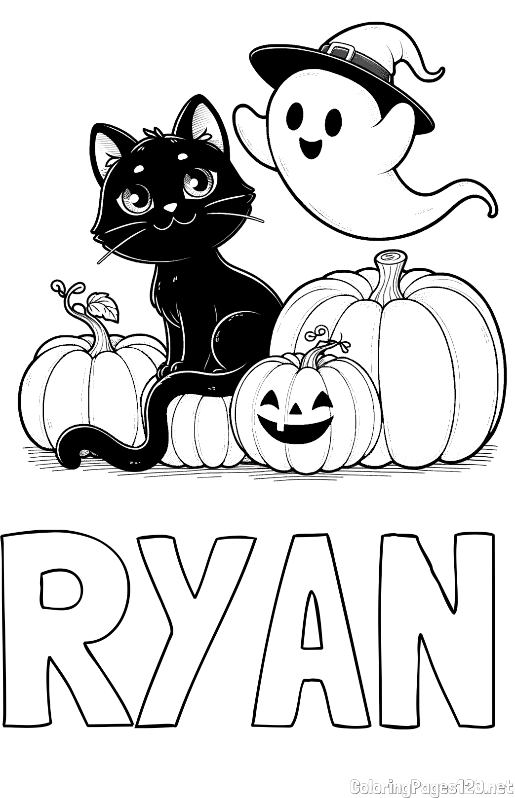 RYAN Coloring Page and Halloween Pumpkin Coloring Page for Kids - Happy Cat, Ghost, and Pumpkins