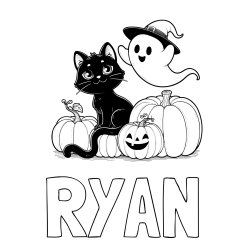 Online Created Coloring Page - RYAN Coloring Page and Halloween Pumpkin Coloring Page for Kids - Happy Cat, Ghost, and Pumpkins