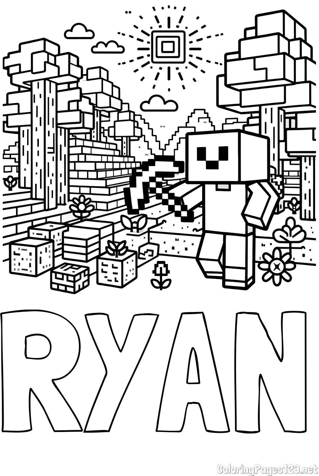 RYAN Coloring Page and Minecraft World Coloring Page