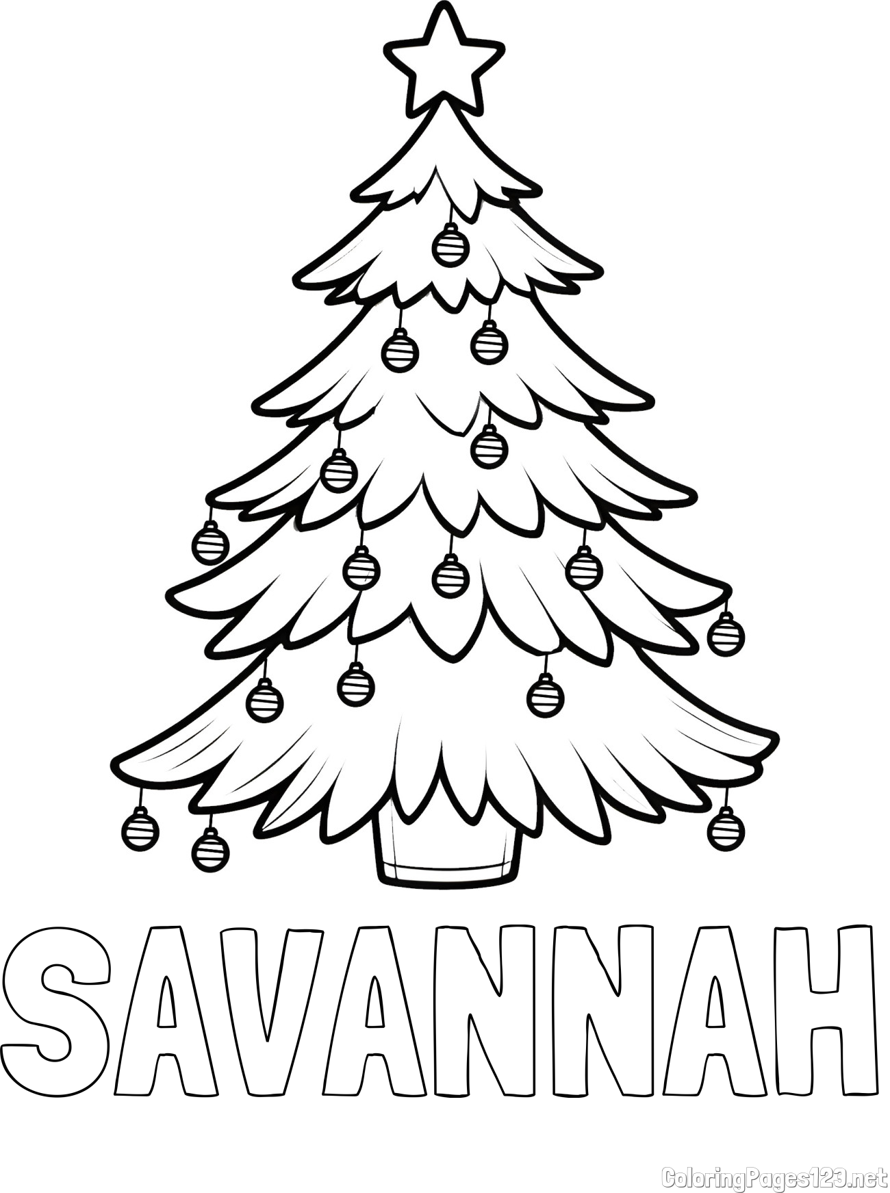 SAVANNAH Coloring Page and Christmas Tree with Star and Ornaments Coloring Page