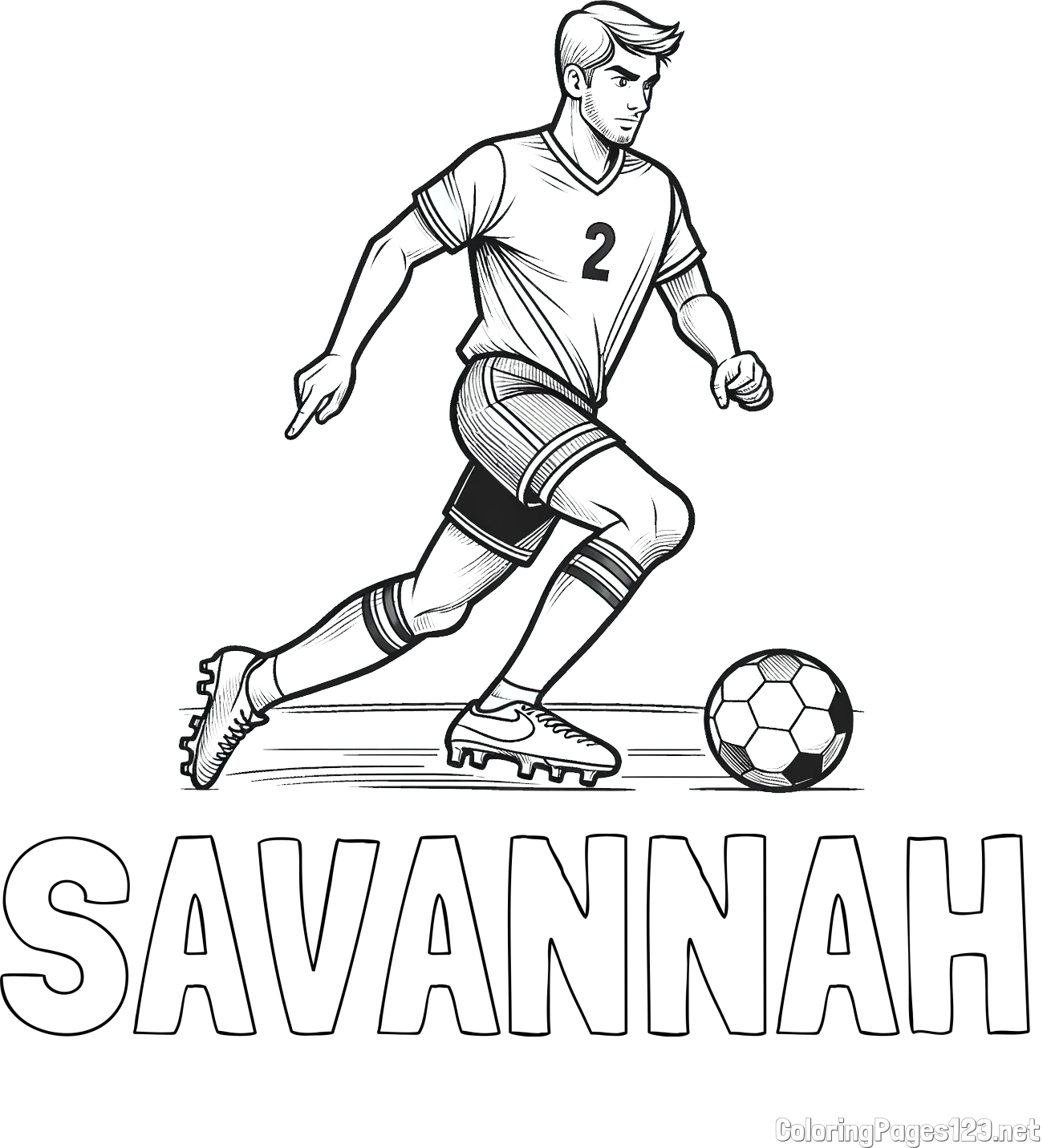 SAVANNAH Coloring Page and Realistically Depicted Soccer Player in Action Coloring Page