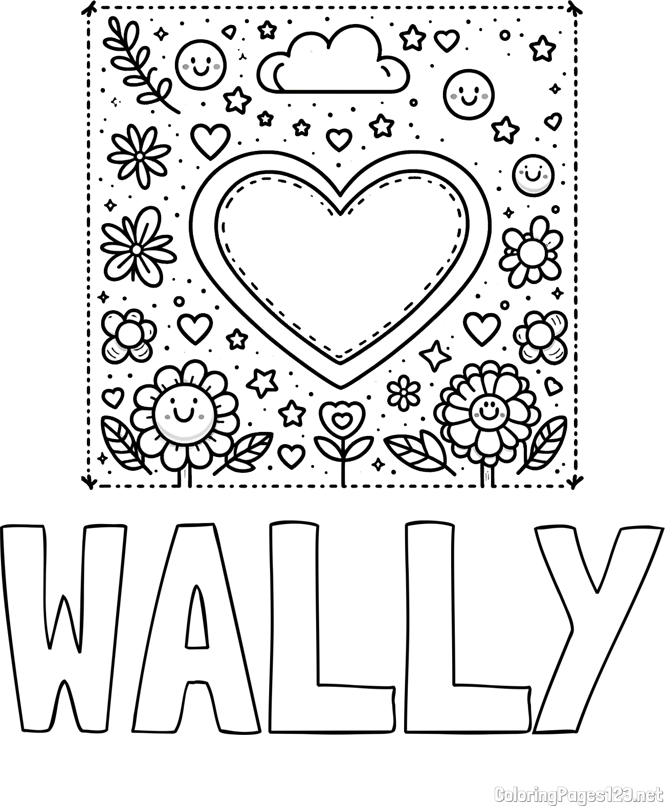 WALLY Coloring Page and Free Printable Coloring Page of Heart and Flowers