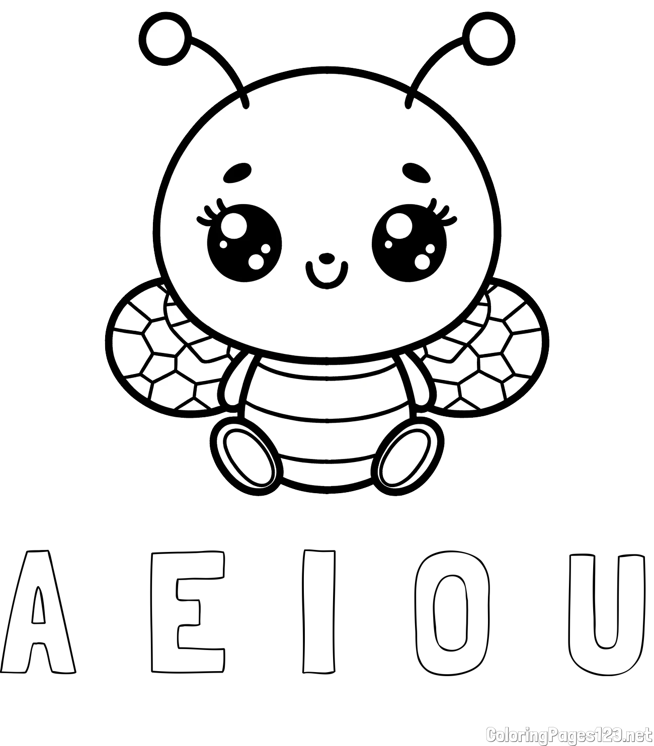 A  E  I  O  U Coloring Page and Children's Coloring Page of a Cute Bee