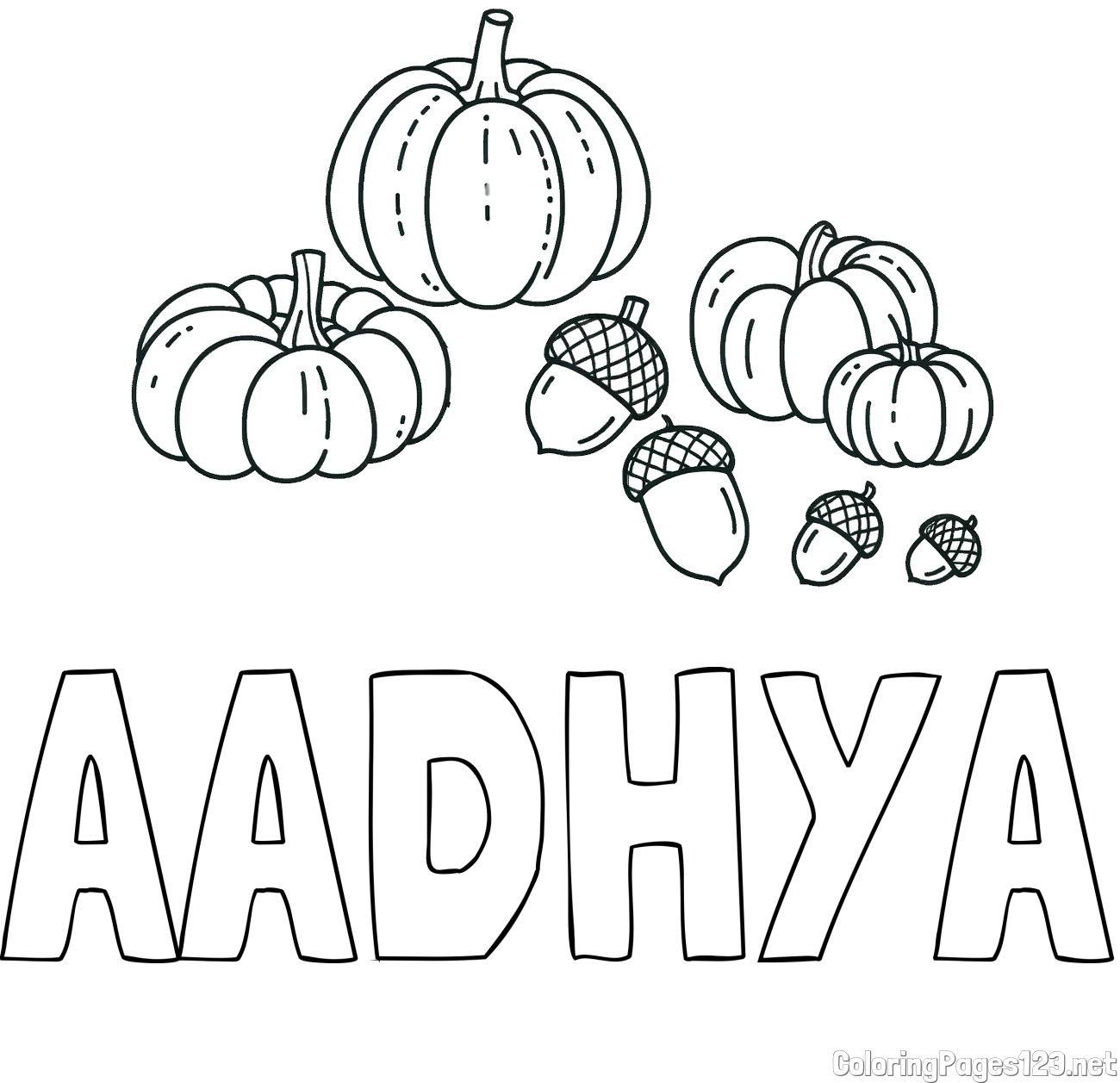 AADHYA Coloring Page and Autumn Harvest Coloring Page - Acorns and Pumpkins
