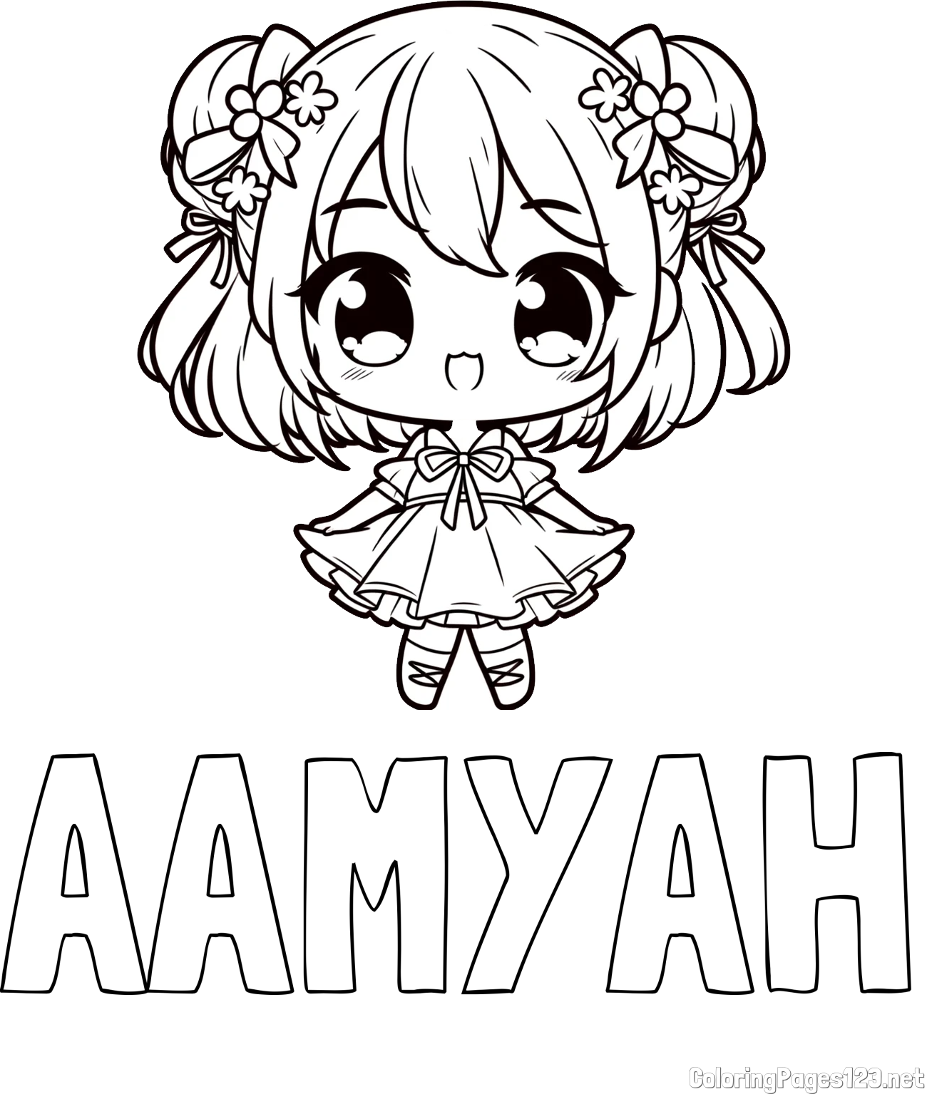AAMYAH Coloring Page and Coloring Page of an Adorable Girl in Anime Style