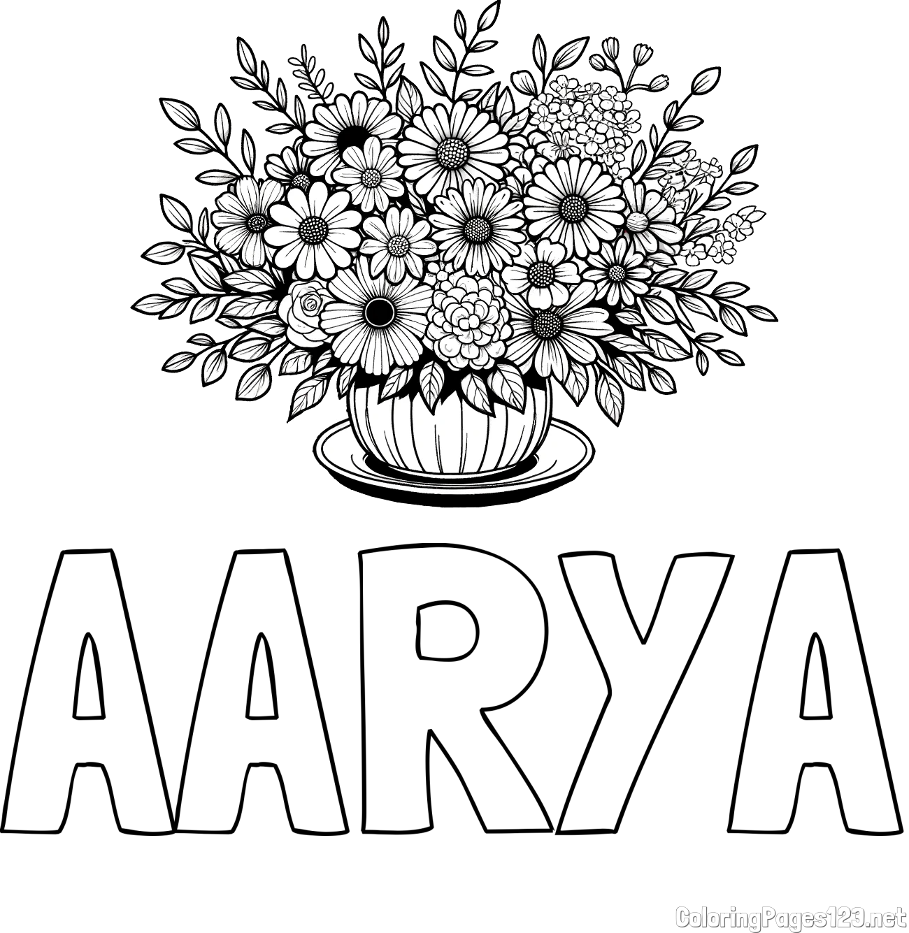 AARYA Coloring Page and Beautiful Bouquet of Flowers Coloring Page