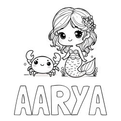 Online Created Coloring Page - AARYA Coloring Page and Coloring Page of a Cute Mermaid and a Cheerful Crab