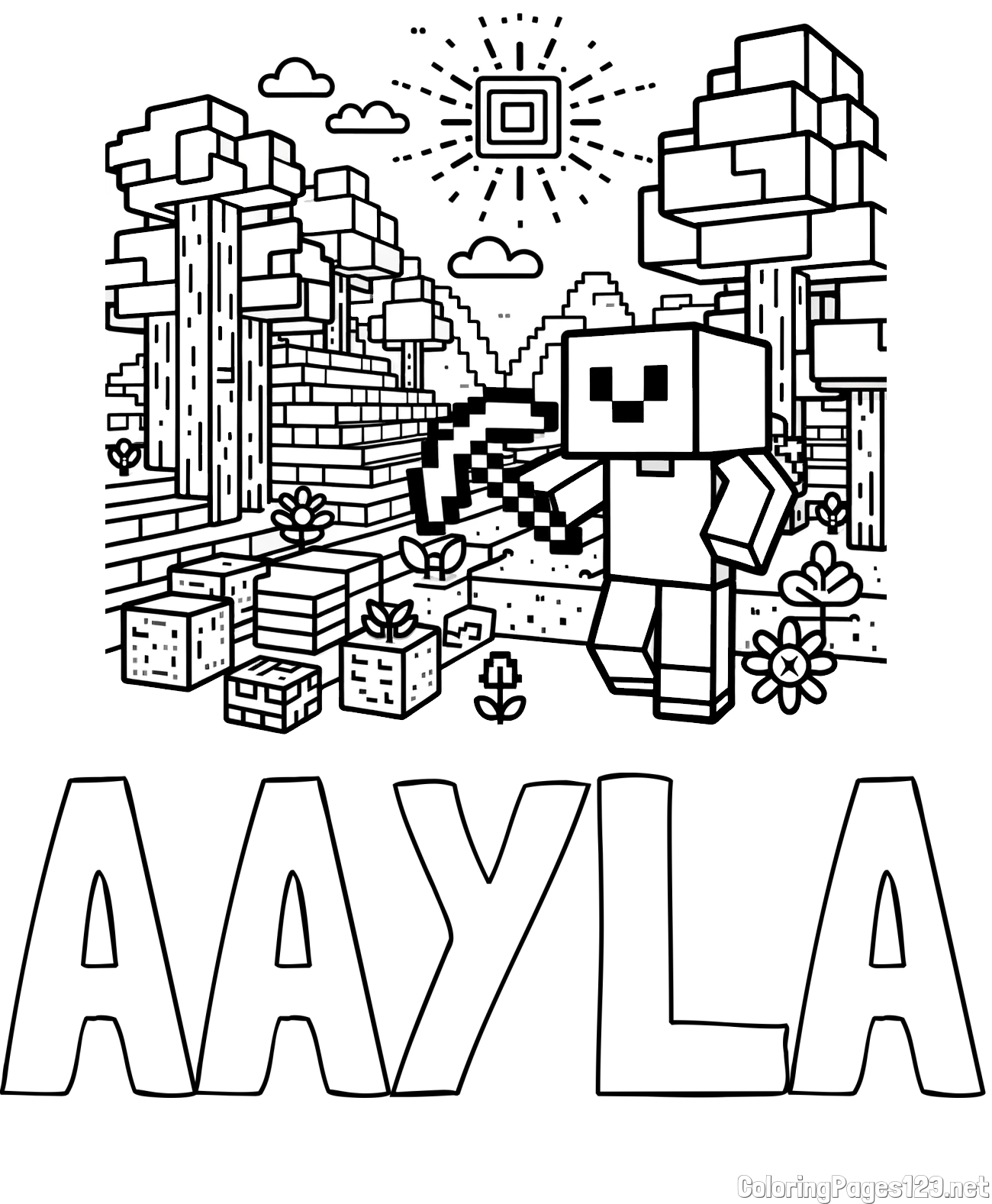 AAYLA Coloring Page and Minecraft World Coloring Page