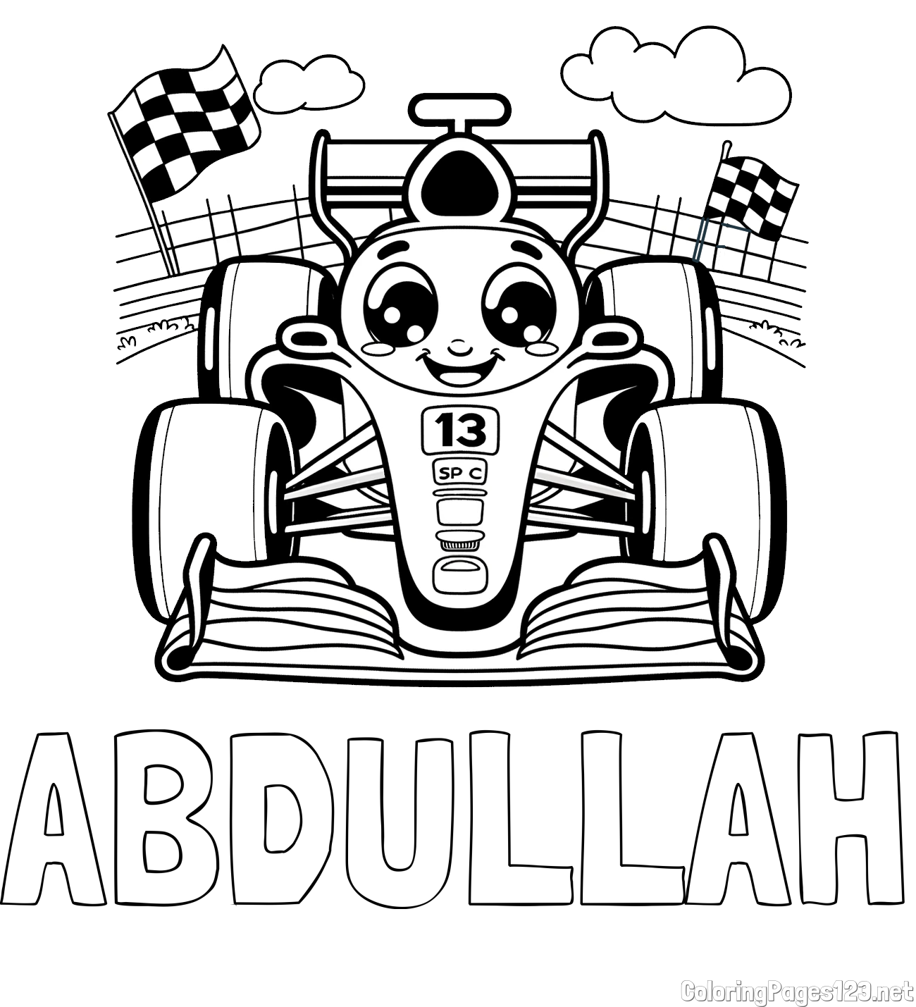 ABDULLAH Coloring Page and Children's Coloring Page of a Smiling Formula One Car