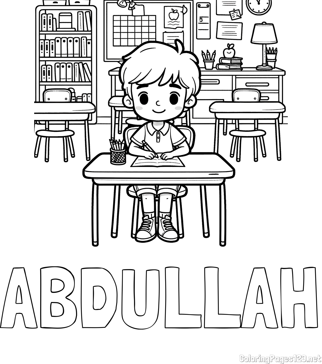 ABDULLAH Coloring Page and Cute Student in Class Coloring Page
