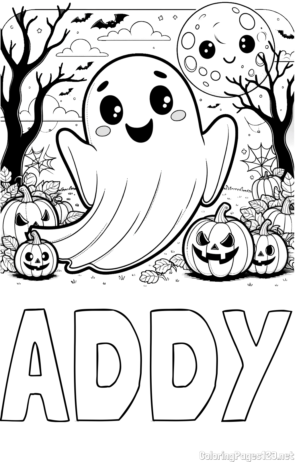 ADDY Coloring Page and Halloween Coloring Page of a Ghost with Pumpkins