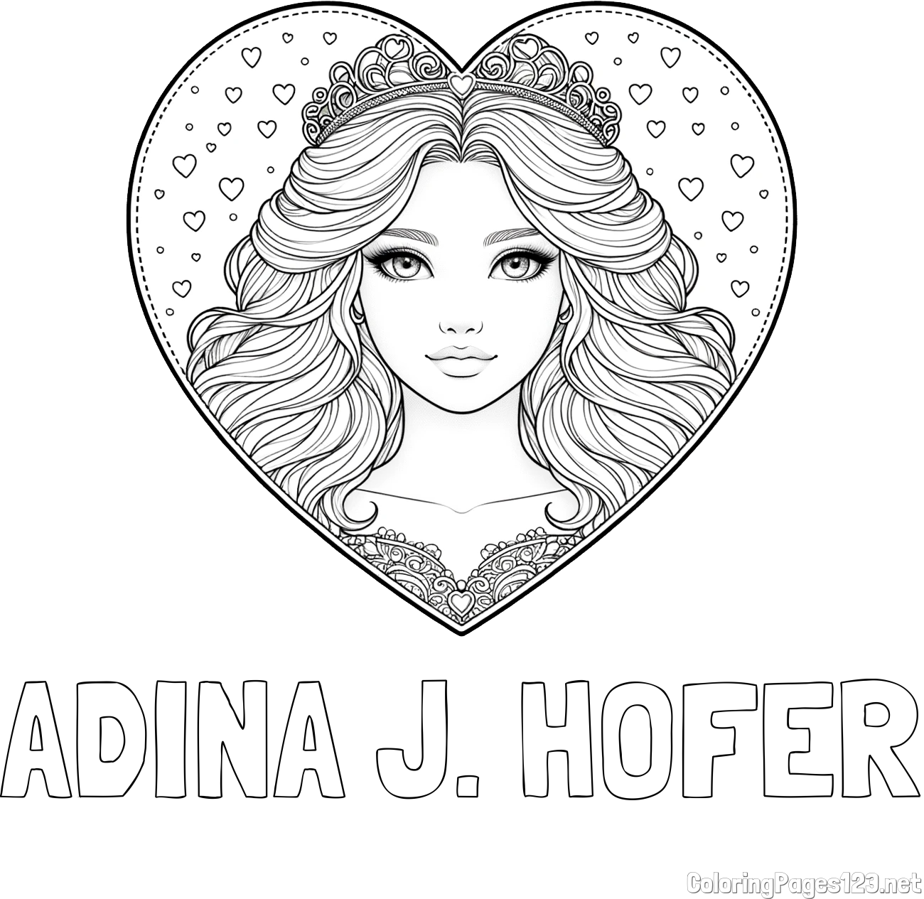 ADINA J. HOFER Coloring Page and Coloring Page of a Princess in a Heart