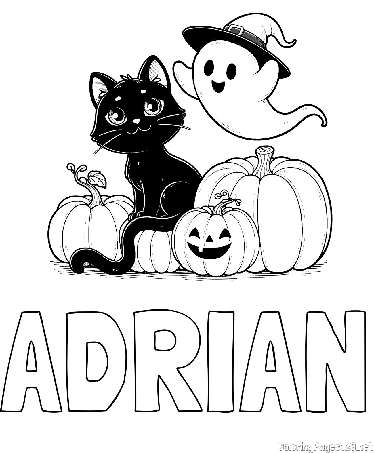 ADRIAN Coloring Page and Halloween Pumpkin Coloring Page for Kids - Happy Cat, Ghost, and Pumpkins