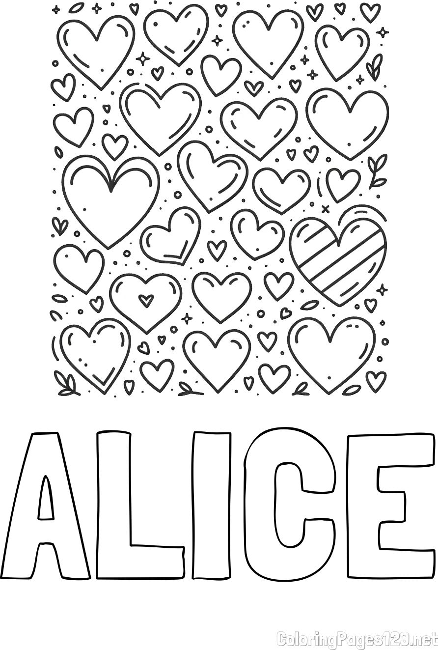 ALICE Coloring Page alongside Children's Coloring Page of Many Hearts