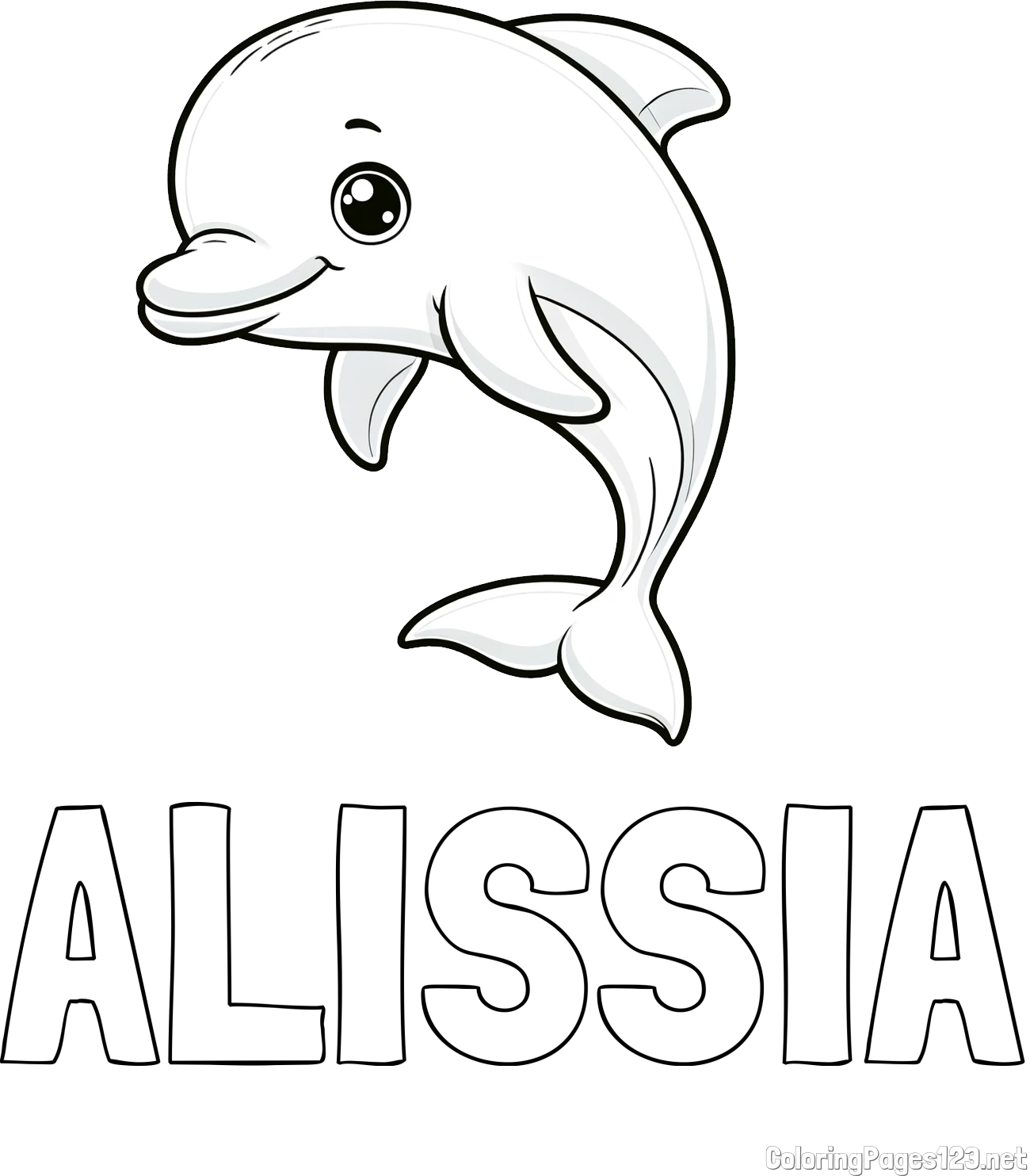 ALISSIA Coloring Page and Children's Coloring Book of a Cute Dolphin