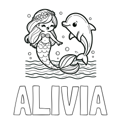 Online Created Coloring Page - ALIVIA Coloring Page and Coloring Page of a Cute Mermaid Dancing with a Dolphin