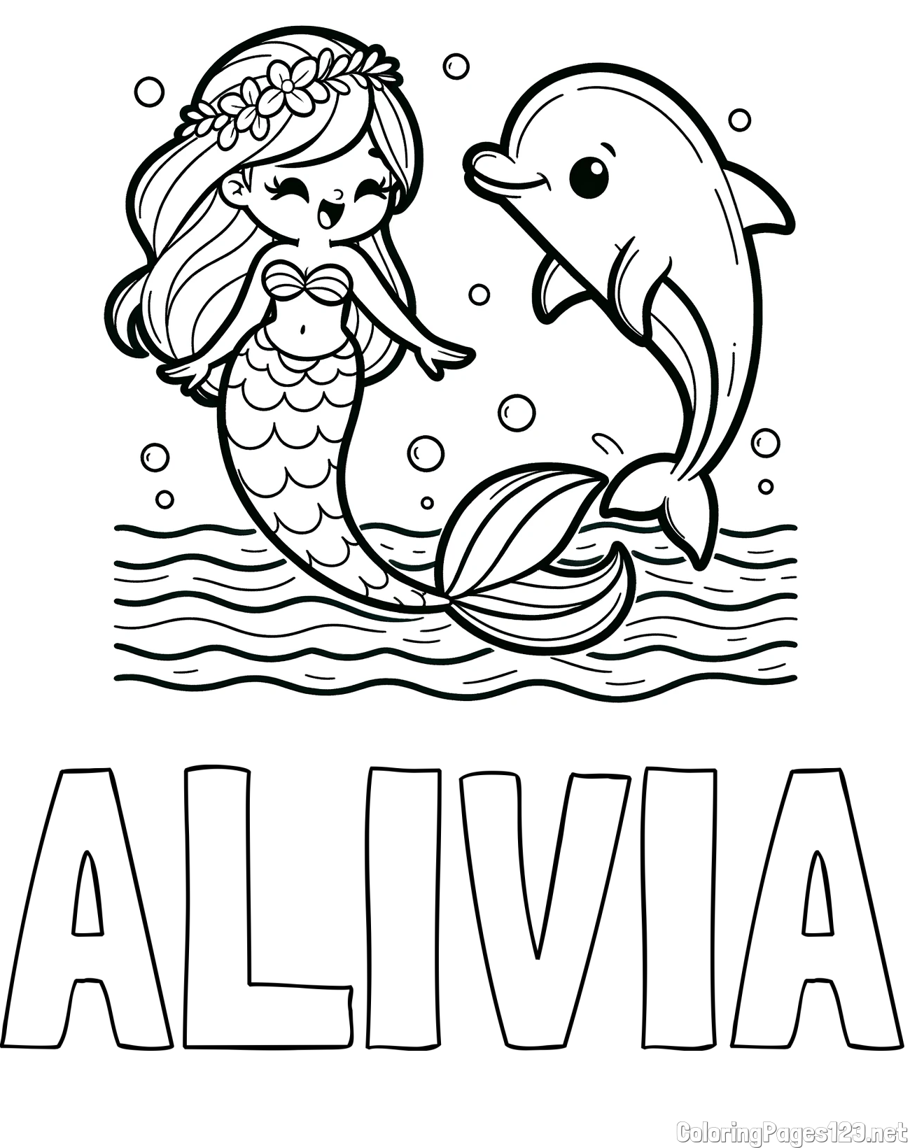 ALIVIA Coloring Page and Coloring Page of a Cute Mermaid Dancing with a Dolphin
