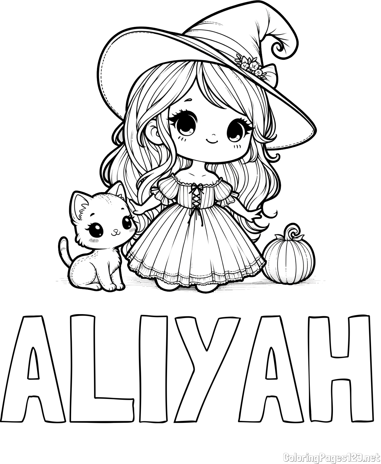 ALIYAH Coloring Page and Coloring Page of a Cute Witch and a Cat