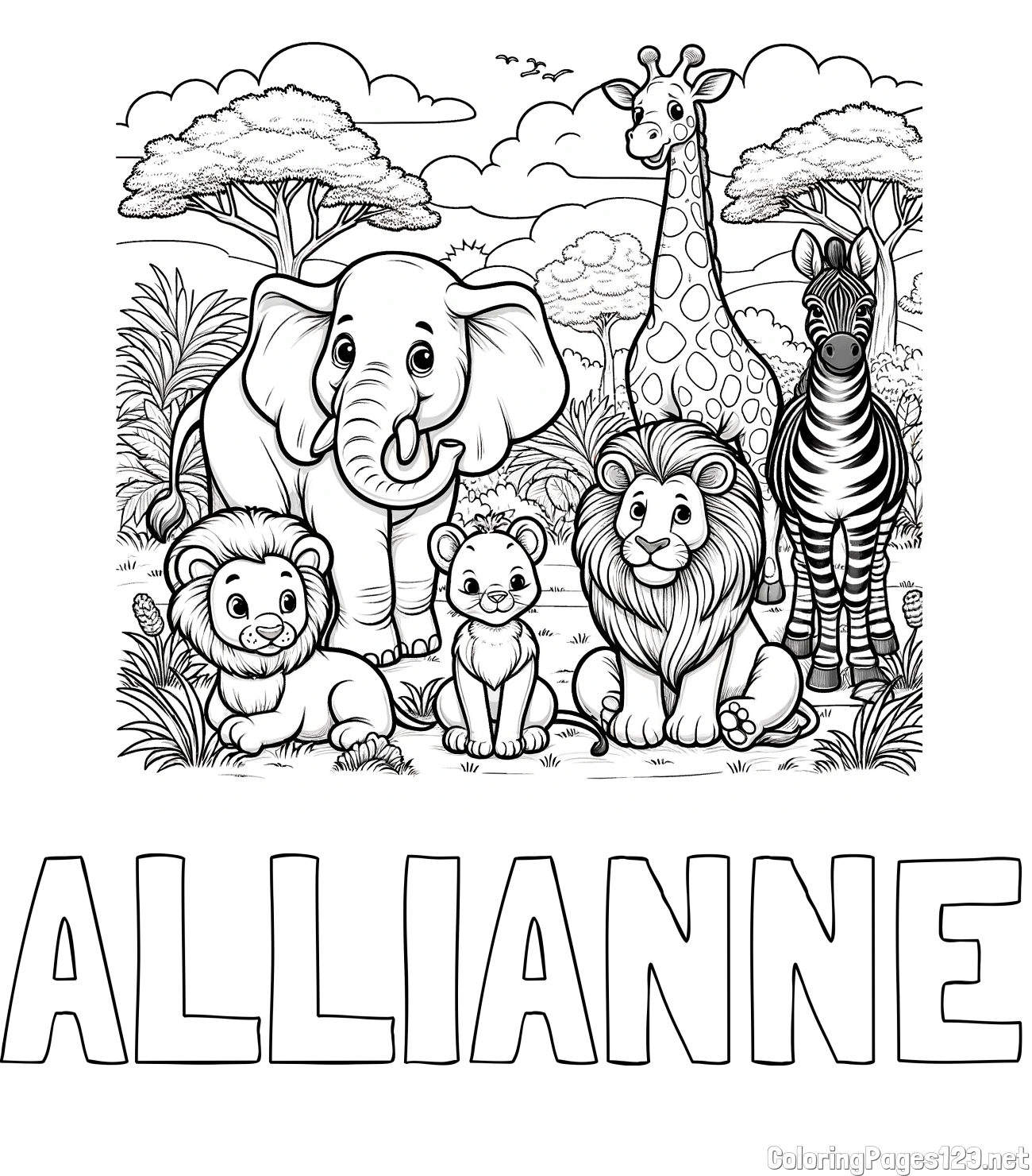 ALLIANNE Coloring Page and Beautiful Animal Coloring Page - Lion Family, Elephant, Giraffe, and Zebra