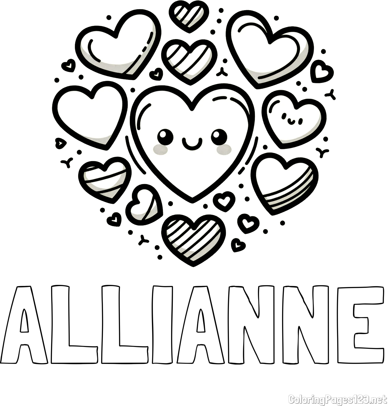 ALLIANNE Coloring Page and Coloring Page of a Cute Cat Surrounded by Hearts